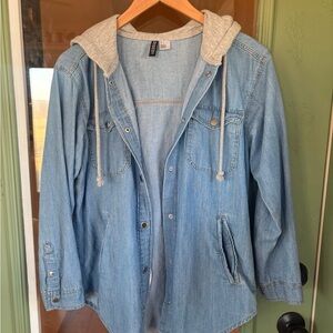 H&M Light Blue Denim Jacket with Gray Hood